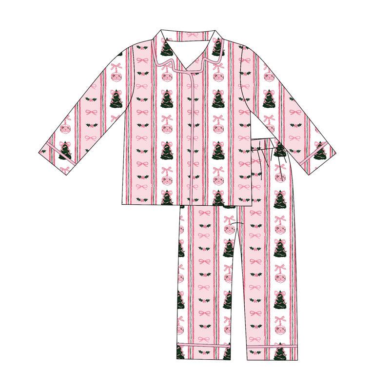 (Pre-order)GLP2962 Adult Holly Bows Tree Pink Print Woman Christmas Buttons Pajamas Clothes Set