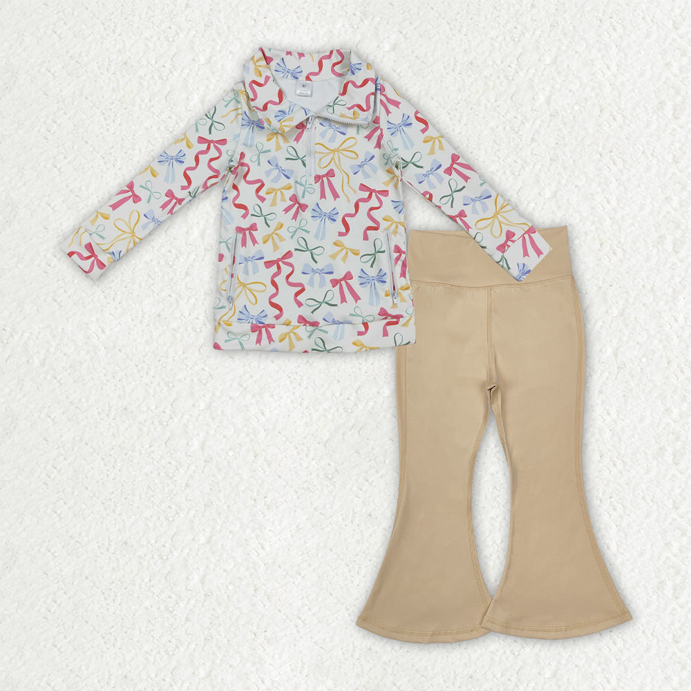 GLP2966 Colorful Bows Zipper Pullover Pockets Top Bell Pants Girls Yoga Clothes Set