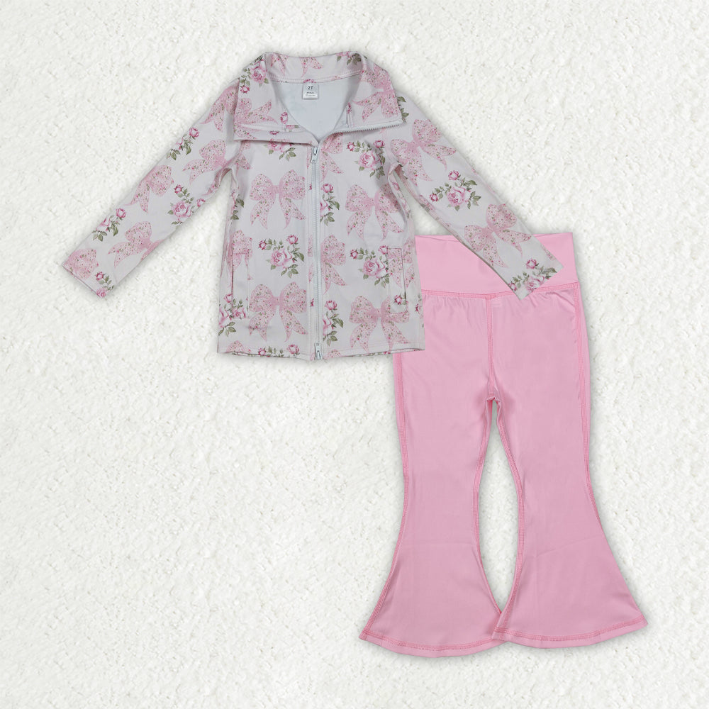 GLP2967 Flowers Bows Zipper Pullover Pockets Top Pink Bell Pants Girls Yoga Clothes Set