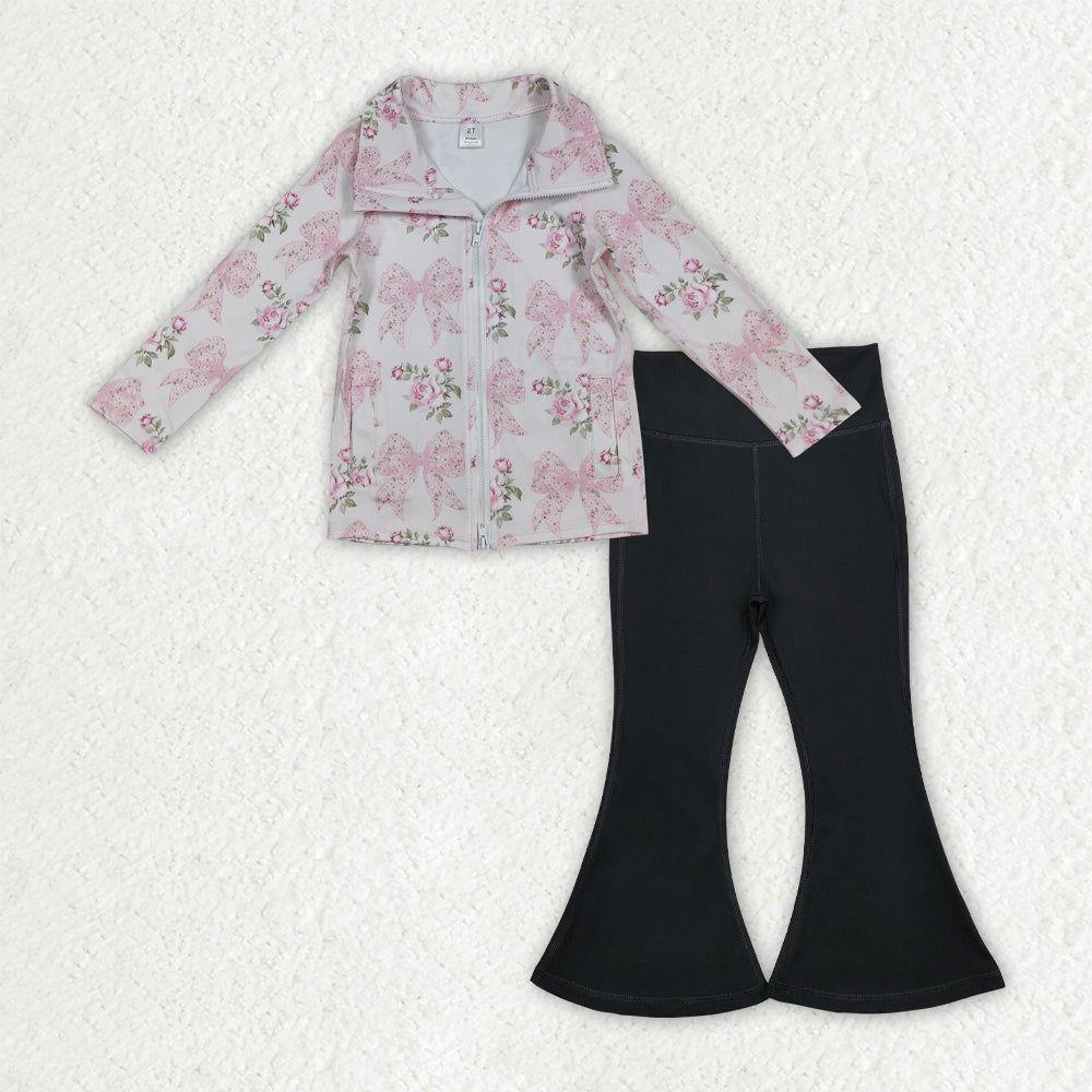 GLP2968 Flowers Bows Zipper Pullover Pockets Top Black Bell Pants Girls Yoga Clothes Set
