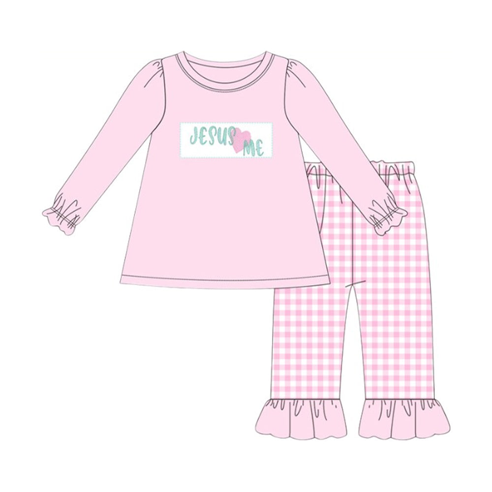 (Pre-order)GLP2973 Jesus Love Me Pink Top Stripes Pants Girls Easter Clothes Set