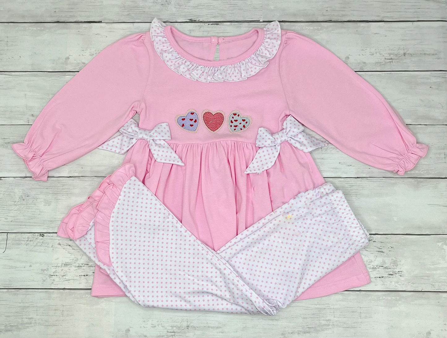 (Pre-order)GLP2980 Heart Pink Tunic Top Dots Pants Girls Valentine's Day Clothes Set