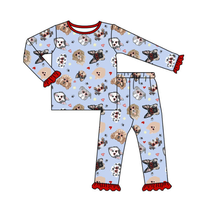 (Pre-order)GLP2982 Dog Heart Print Girls Valentine's Day Pajamas Clothes Set