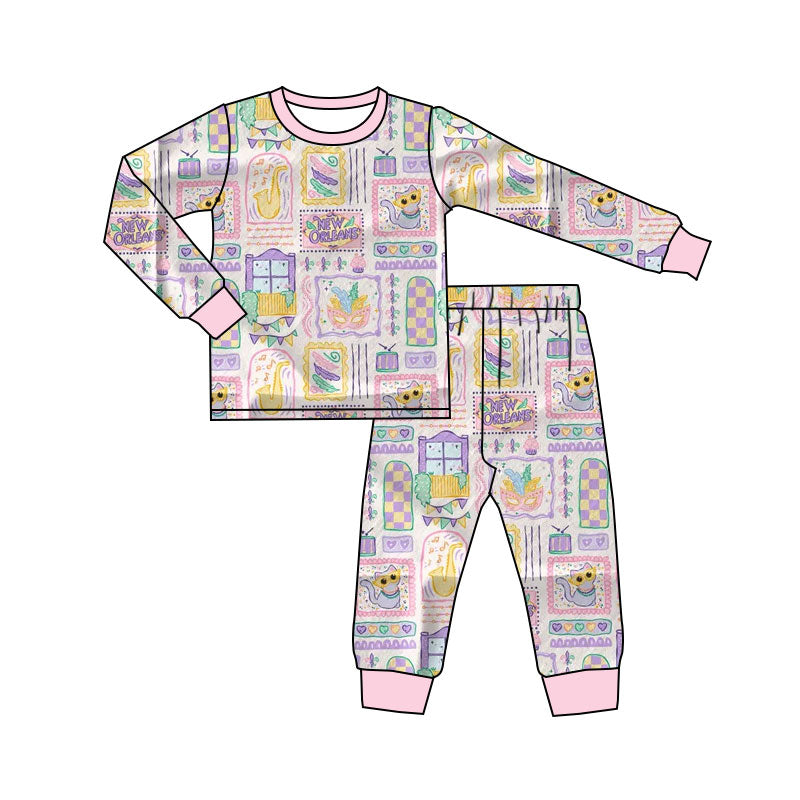 (Pre-order)GLP2986 Mask Plaid Pink Print Girls Mardi Gras Pajamas Clothes Set