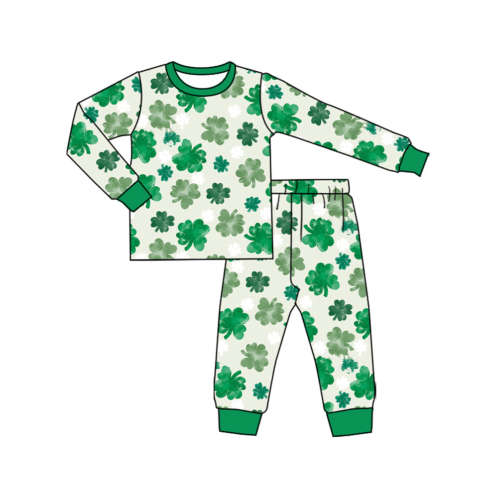 (Pre-order)GLP2988 Green Bows Print Girls St. Patrick's Day Pajamas Clothes Set