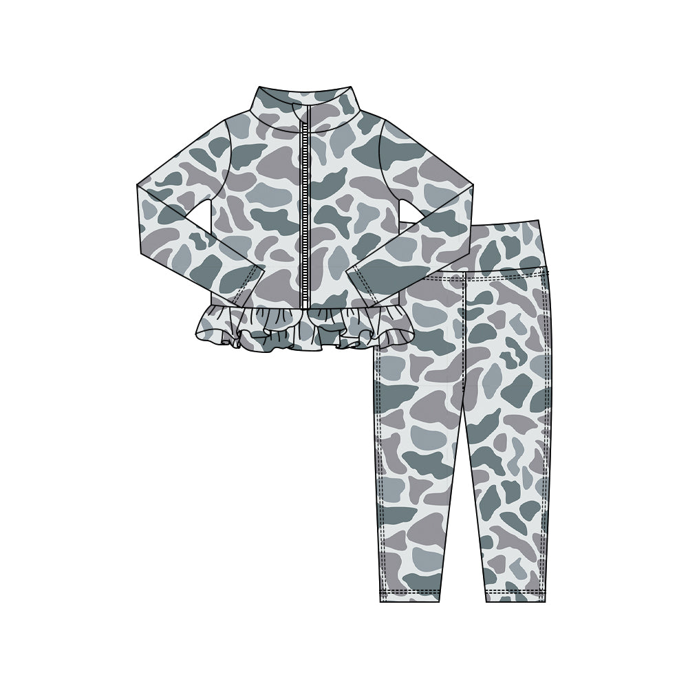 (Pre-order)GLP2993 Grey Camo Print Zipper Top Legging Pants Girls Yoga Clothes Set