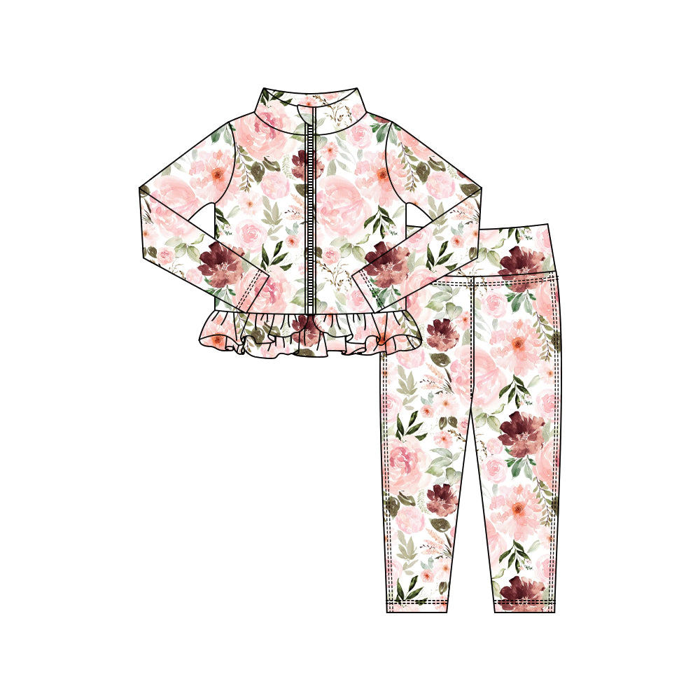 (Pre-order)GLP2997 Pink Wine Flowers Print Zipper Top Legging Pants Girls Yoga Clothes Set