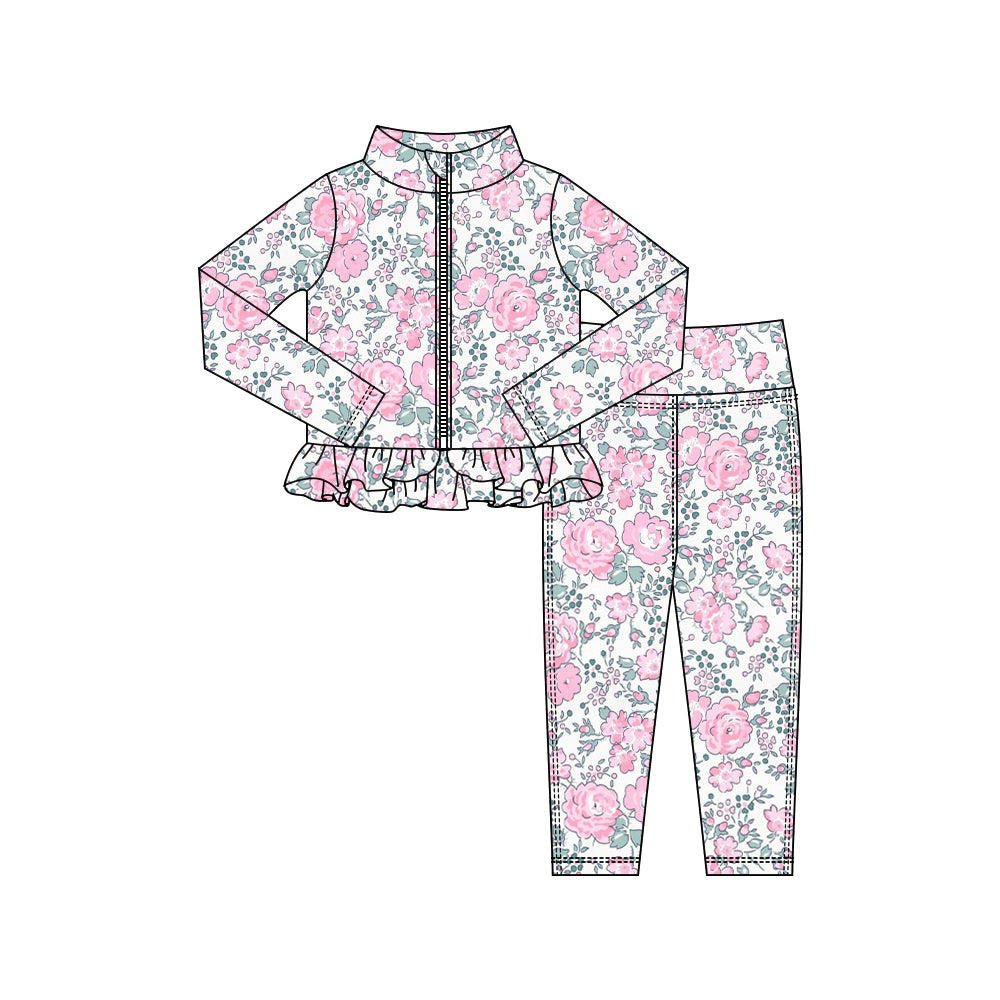 (Pre-order)GLP2999 Pink Flowers Print Zipper Top Legging Pants Girls Yoga Clothes Set
