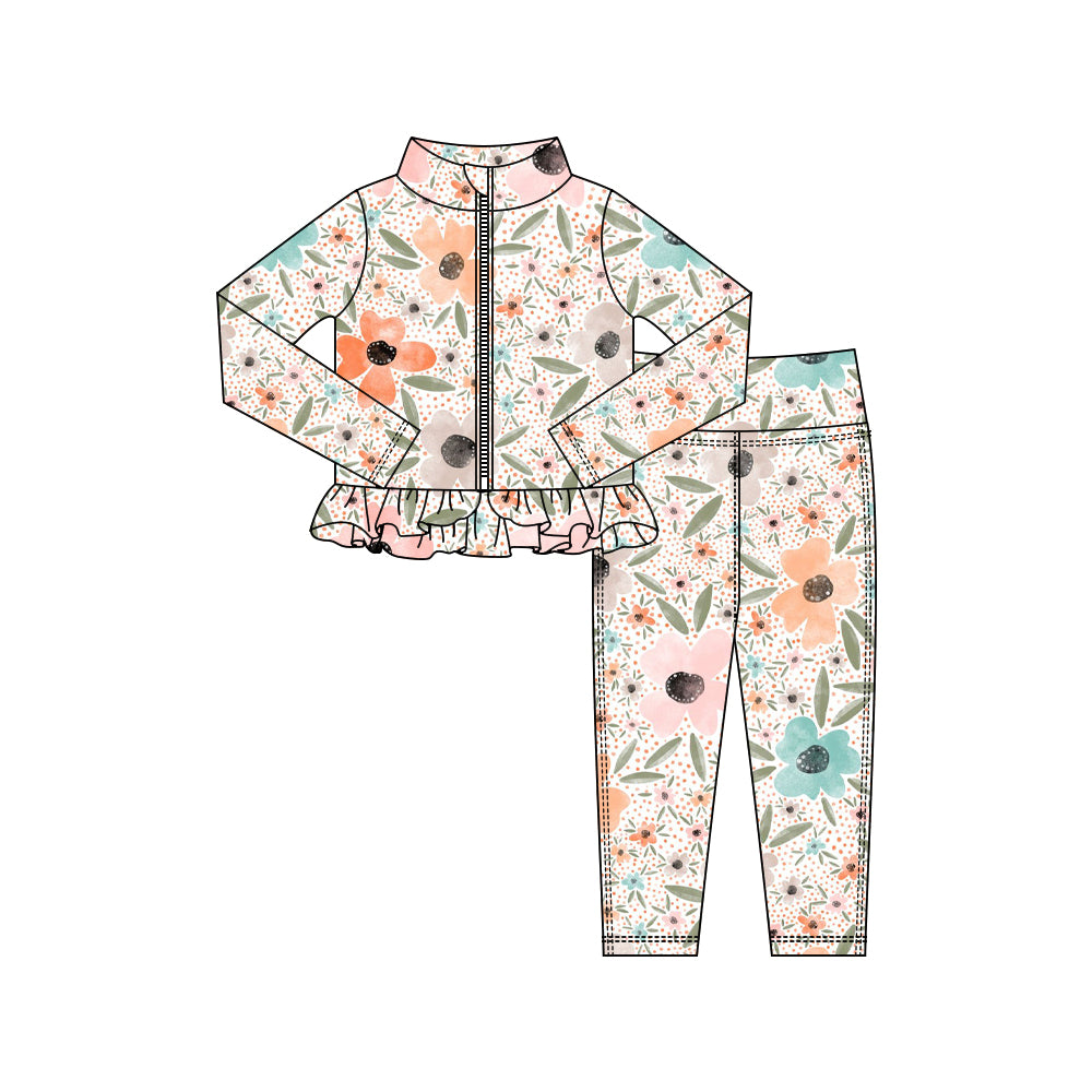 (Pre-order)GLP3004 Colorful Flowers Print Zipper Top Legging Pants Girls Yoga Clothes Set