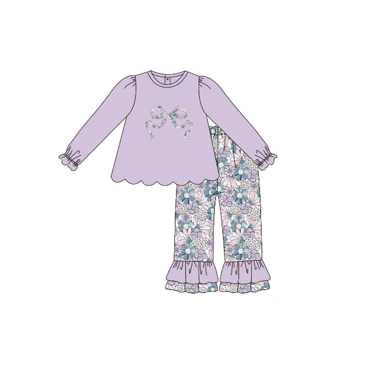 (Pre-order)GLP3019 Flowers Bow Purple Tunic Top Ruffles Pants Girls Clothes Set