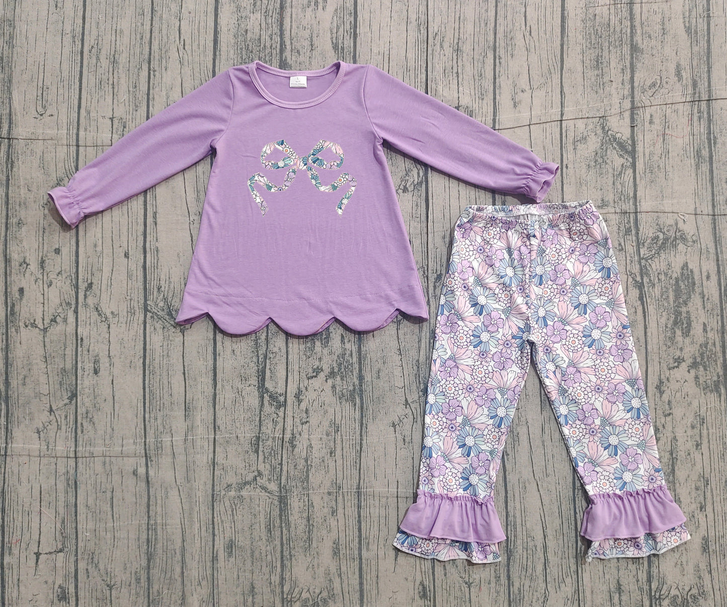 (Pre-order)GLP3019 Flowers Bow Purple Tunic Top Ruffles Pants Girls Clothes Set
