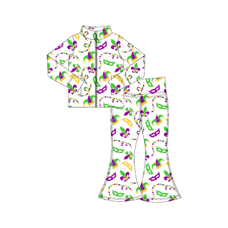 (Pre-order)GLP3026 Anchor Mask Hat Print Zipper Top Bell Pants Girls Mardi Gras Yoga Clothes Set