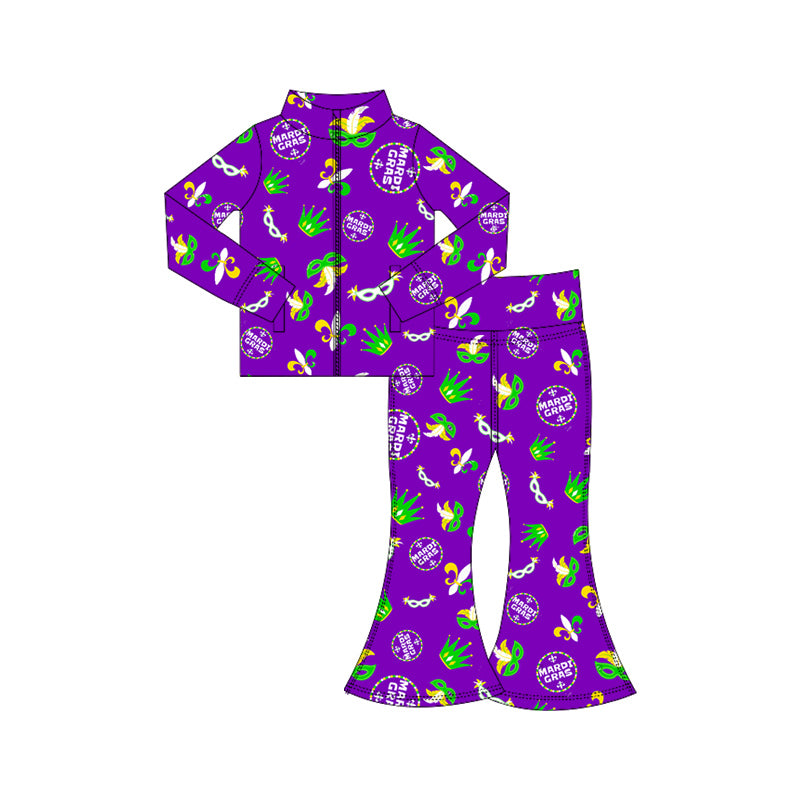 (Pre-order)GLP3033 Mask Anchor Purple Print Zipper Top Bell Pants Girls Mardi Gras Yoga Clothes Set