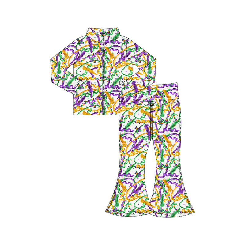 (Pre-order)GLP3034 Feather Anchor Print Zipper Top Bell Pants Girls Mardi Gras Yoga Clothes Set