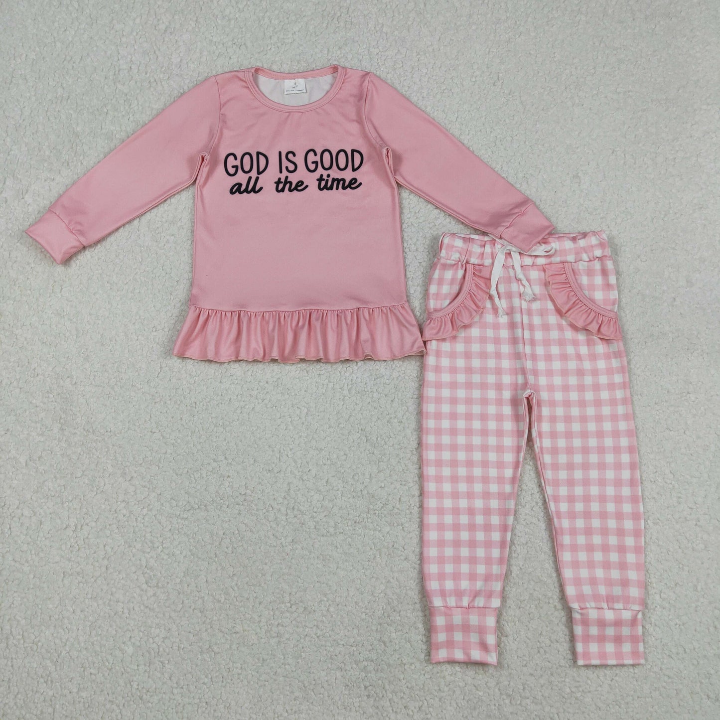 GOD IS GOOD all the time Top Plaid Pockets Pants Kids Clothes Sibling Wear