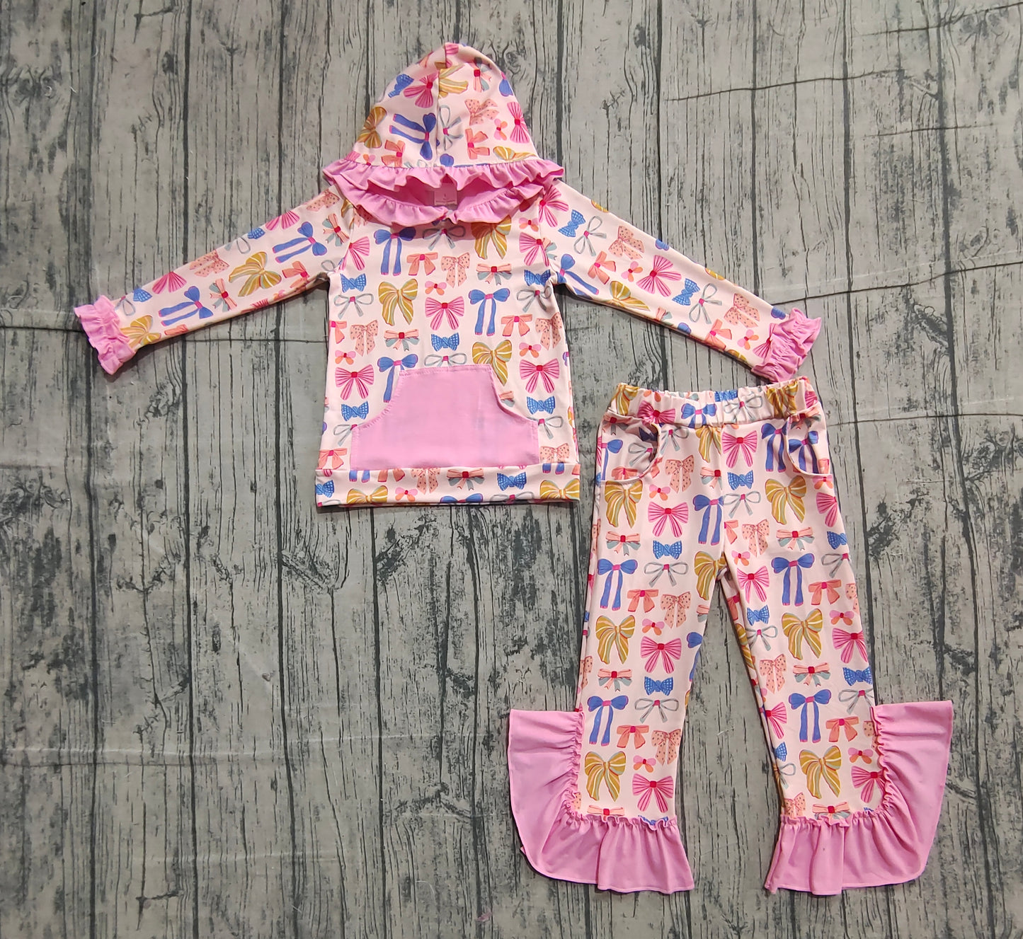 (Pre-order)GLP3049 Colorful Bows Print Girls Hoodie Clothes Set