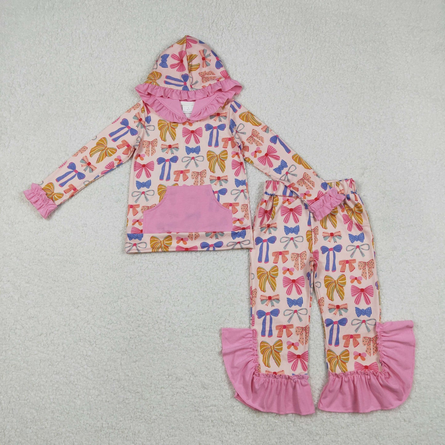 GLP3049 Colorful Bows Print Girls Hoodie Ruffles Clothes Set