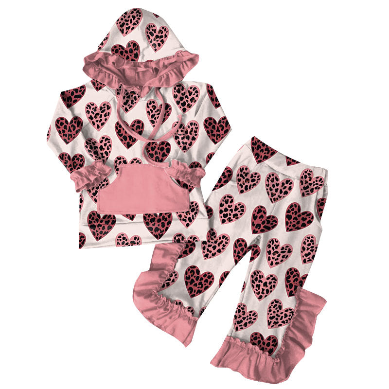 (Pre-order)GLP3050 Pink Heart Print Girls Valentine's Day Hoodie Clothes Set