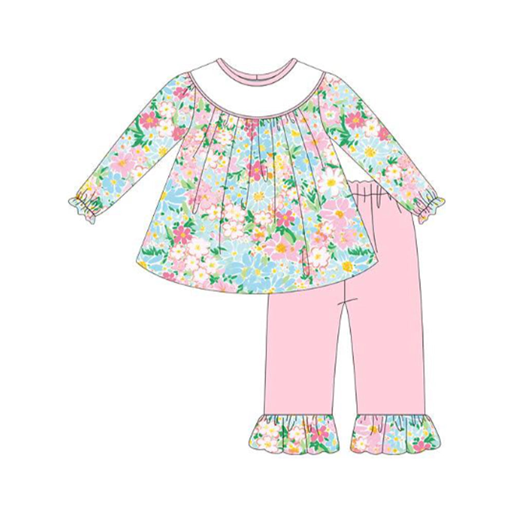 (Pre-order)GLP3053 Colorful Flowers Tunic Top Pink Pants Girls Clothes Set