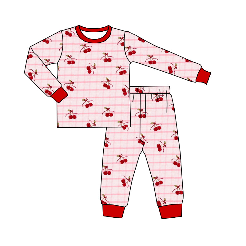 (Pre-order)GLP3064 Cherry Plaid Print Girls Pajamas Clothes Set