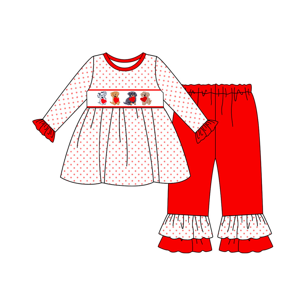 (Pre-order)GLP3073 Puppy Heart Dots Tunic Top Red Pants Girls Valentine's Day Clothes Set
