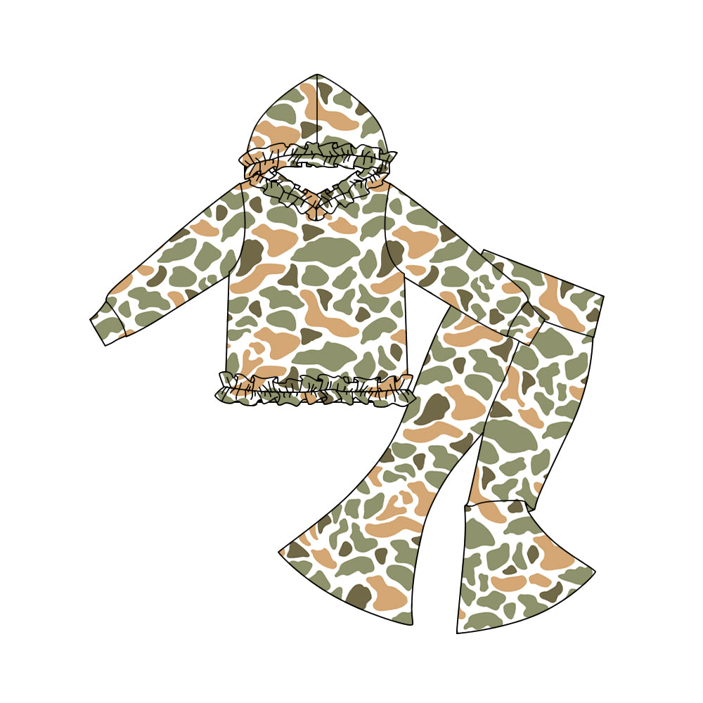 (Pre-order)GLP3080 Orange Green Camo Hoodie Top Bell Pants Girls Fall Clothes Set