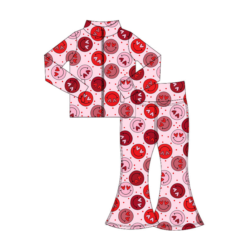 (Pre-order)GLP3108 Smiling Face Heart Zipper Top Bell Pants Girls Valentine's Day Yoga Clothes Set