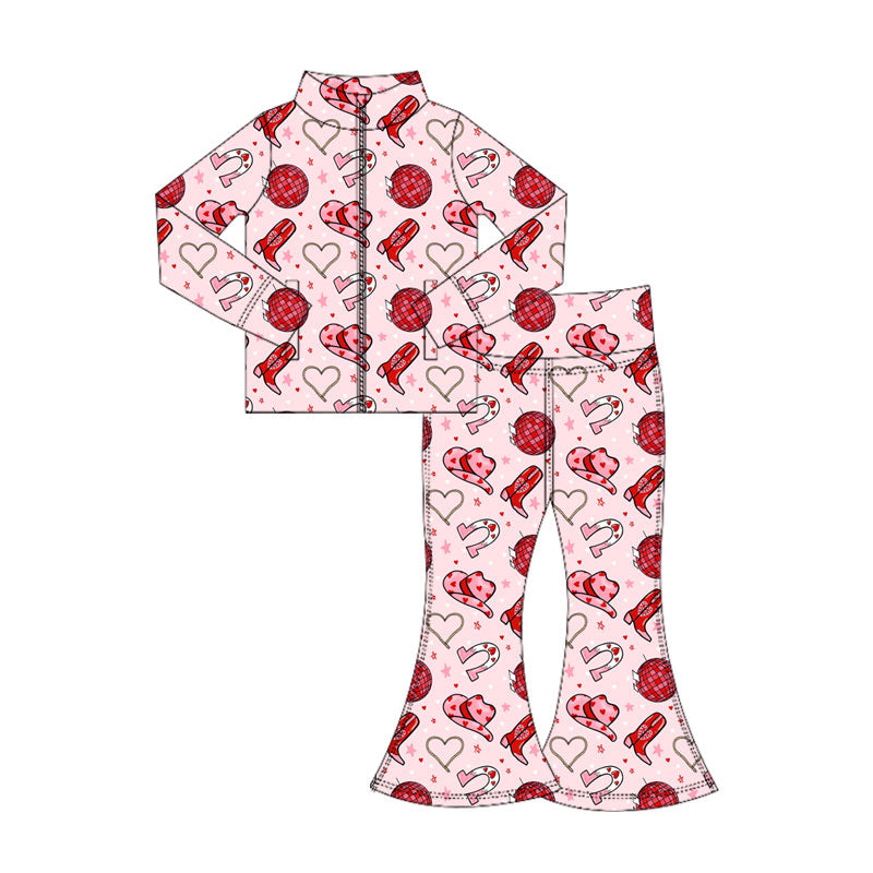 (Pre-order)GLP3109 Hat Boots Heart Zipper Top Bell Pants Girls Valentine's Day Yoga Clothes Set