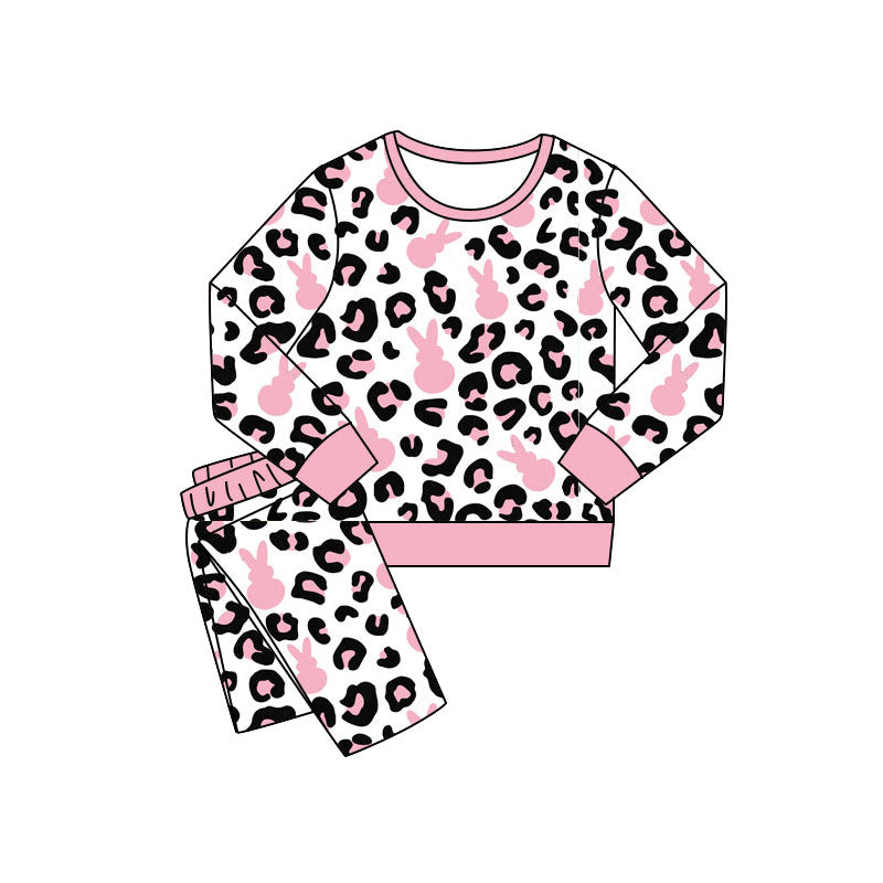 (Pre-order)GLP3142 Pink Bunny Leopard Print Girls Easter Pajamas Clothes Set