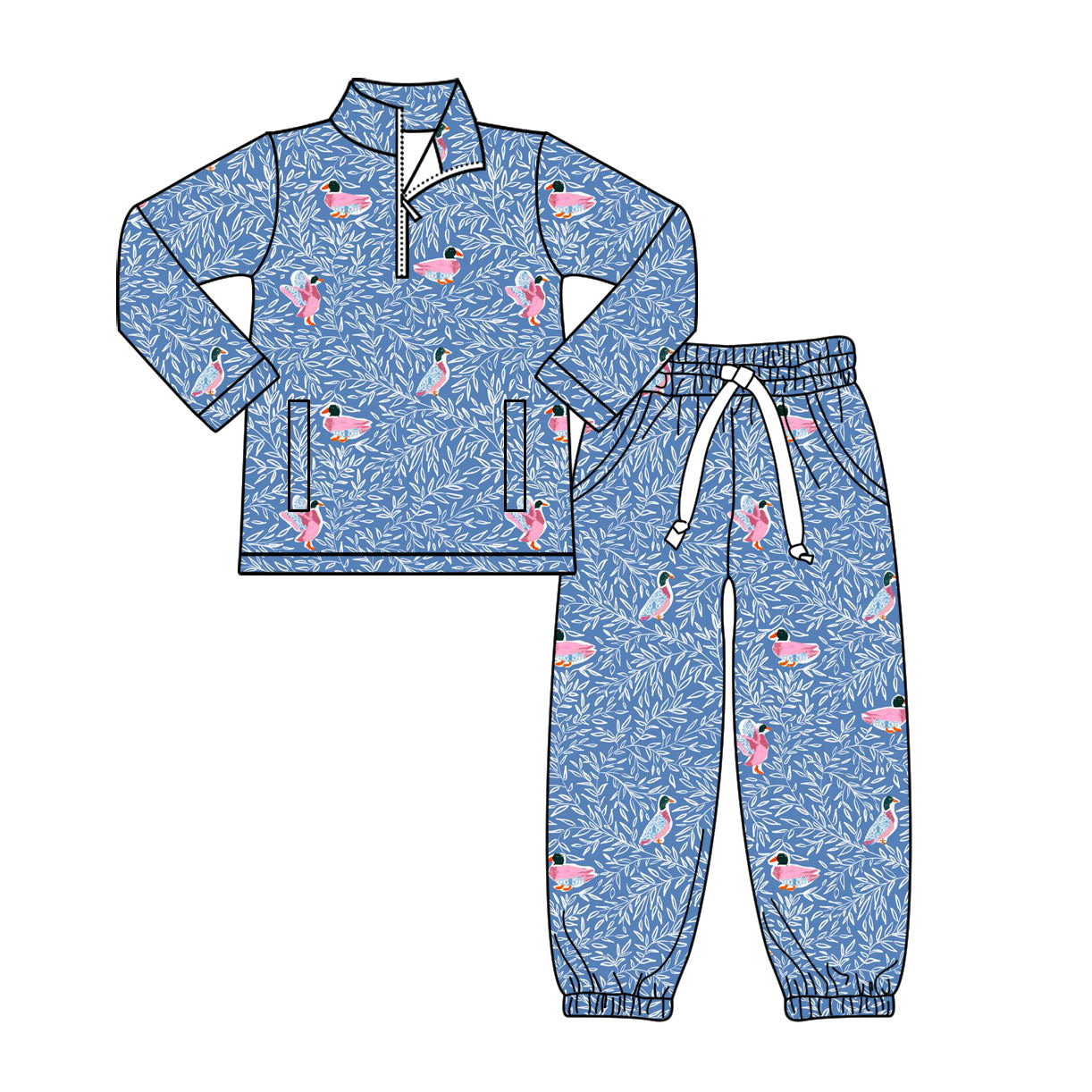 (Pre-order)GLP3147 Duck Blue Leaf Zipper Pullover Top Pockets Joggers Pants Girls Clothes Set