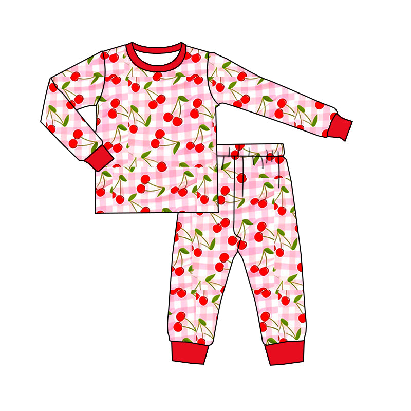 (Pre-order)GLP3161 Cherry Plaid Print Girls Pajamas Clothes Set