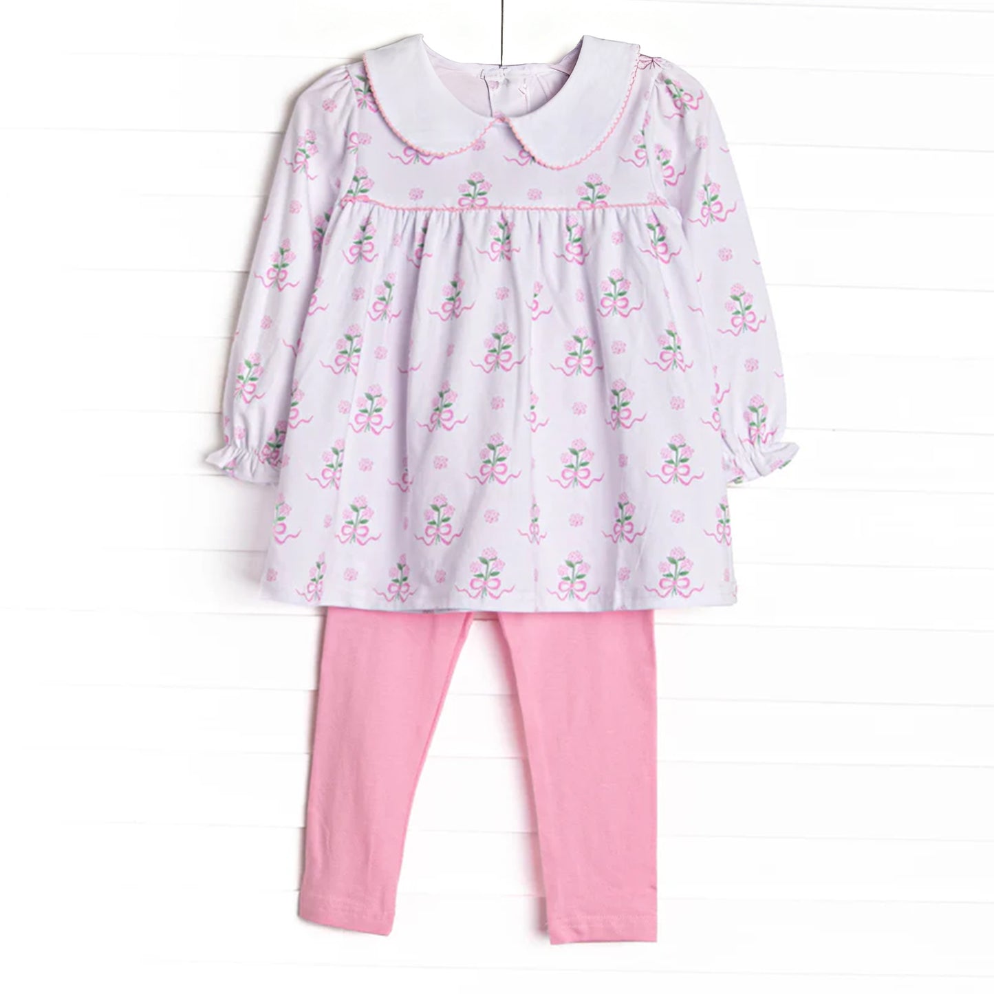 (Pre-order)GLP3164 Flowers Bows Tunic Top Pink Pants Girls Clothes Set