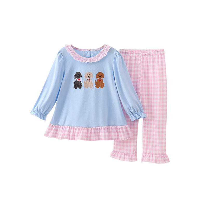 (Pre-order)GLP3170 Puppy Heart Blue Tunic Top Plaid Pants Girls Valentine's Day Clothes Set