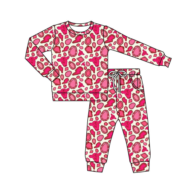 (Pre-order)GLP3180 Turquoise Pink Print Girls Western Pajamas Clothes Set