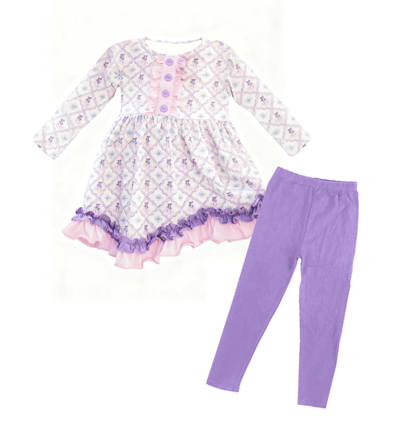 (Pre-order)GLP3181 Snowflake Tunic Top Purple Pants Girls Winter Clothes Set