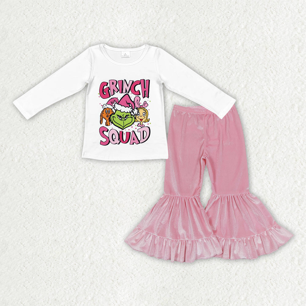 GLP3184 Green Frog White Top Pink Velvet Bell Pants Girls Christmas Clothes Set