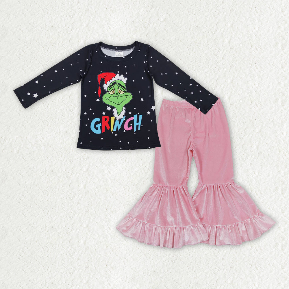GLP3185 Green Frog Black Top Pink Velvet Bell Pants Girls Christmas Clothes Set