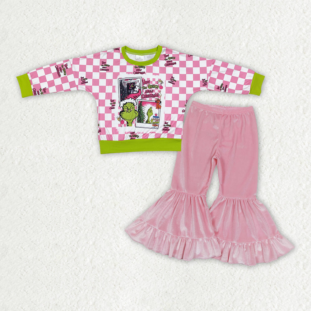 GLP3187 Green Frog Plaid Top Pink Velvet Bell Pants Girls Christmas Clothes Set