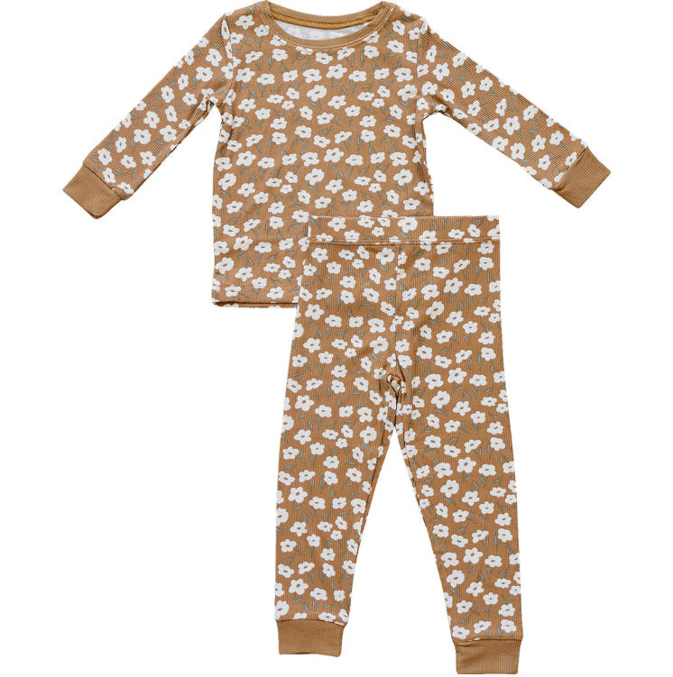 (Pre-order)GLP3201 Brown Flowers Print Girls Fall Pajamas Clothes Set