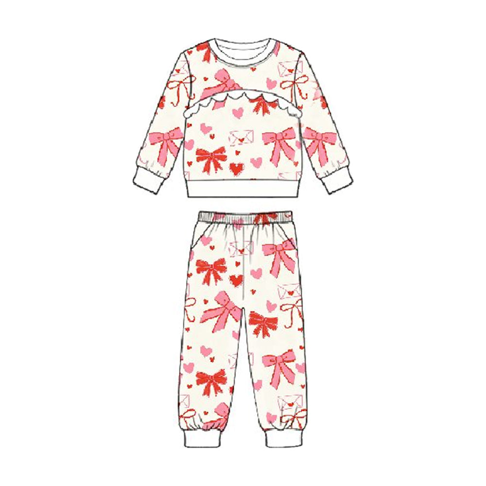 (Pre-order)GLP3214 Bows Heart Top Pockets Pants Girls Valentine's Day Clothes Set