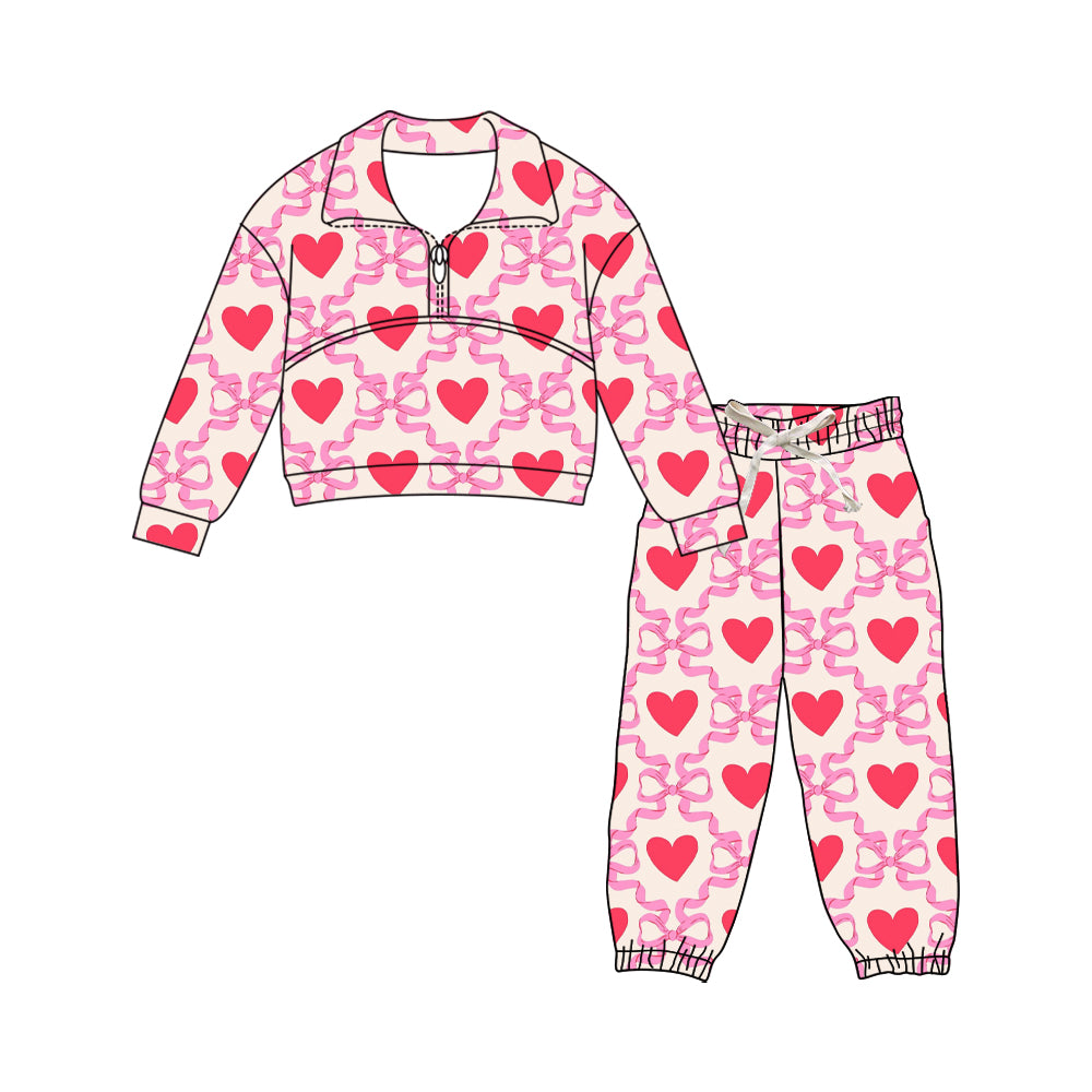 (Pre-order)GLP3219 Heart Pink Bows Zipper Top Joggers Pants Girls Valentine's Day Clothes Set