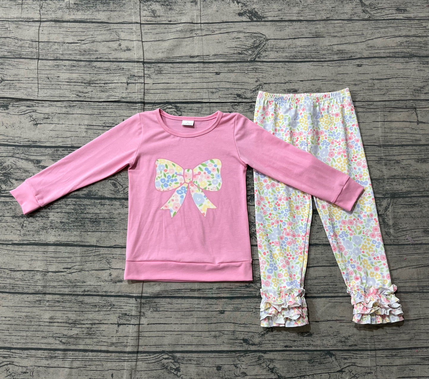 (Pre-order)GLP3242 Bow Pink Top Colorful Flowers Pants Girls Clothes Set