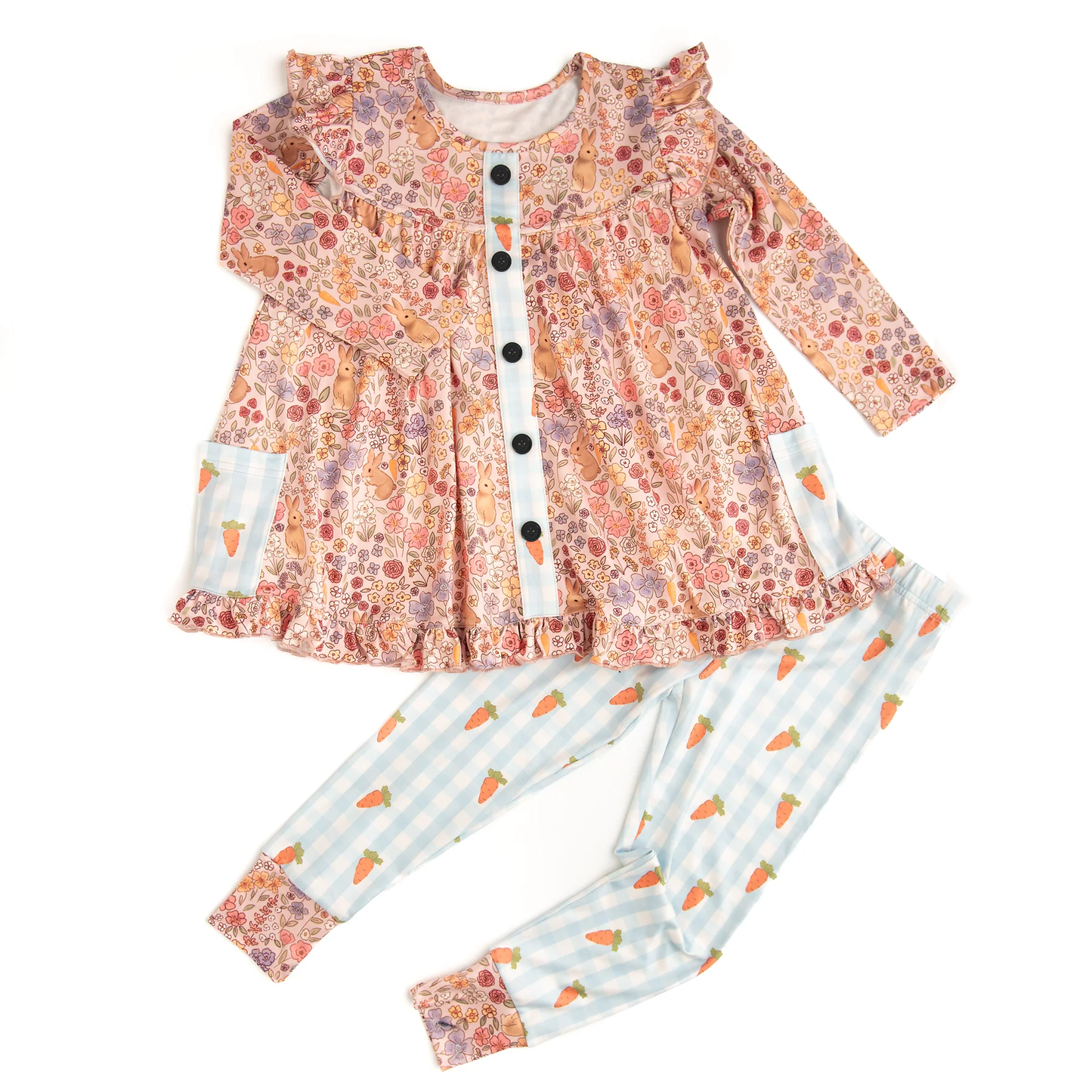 (Pre-order)GLP3255 Bunny Flowers Tunic Top Carrot Plaid Pants Girls Easter Clothes Set