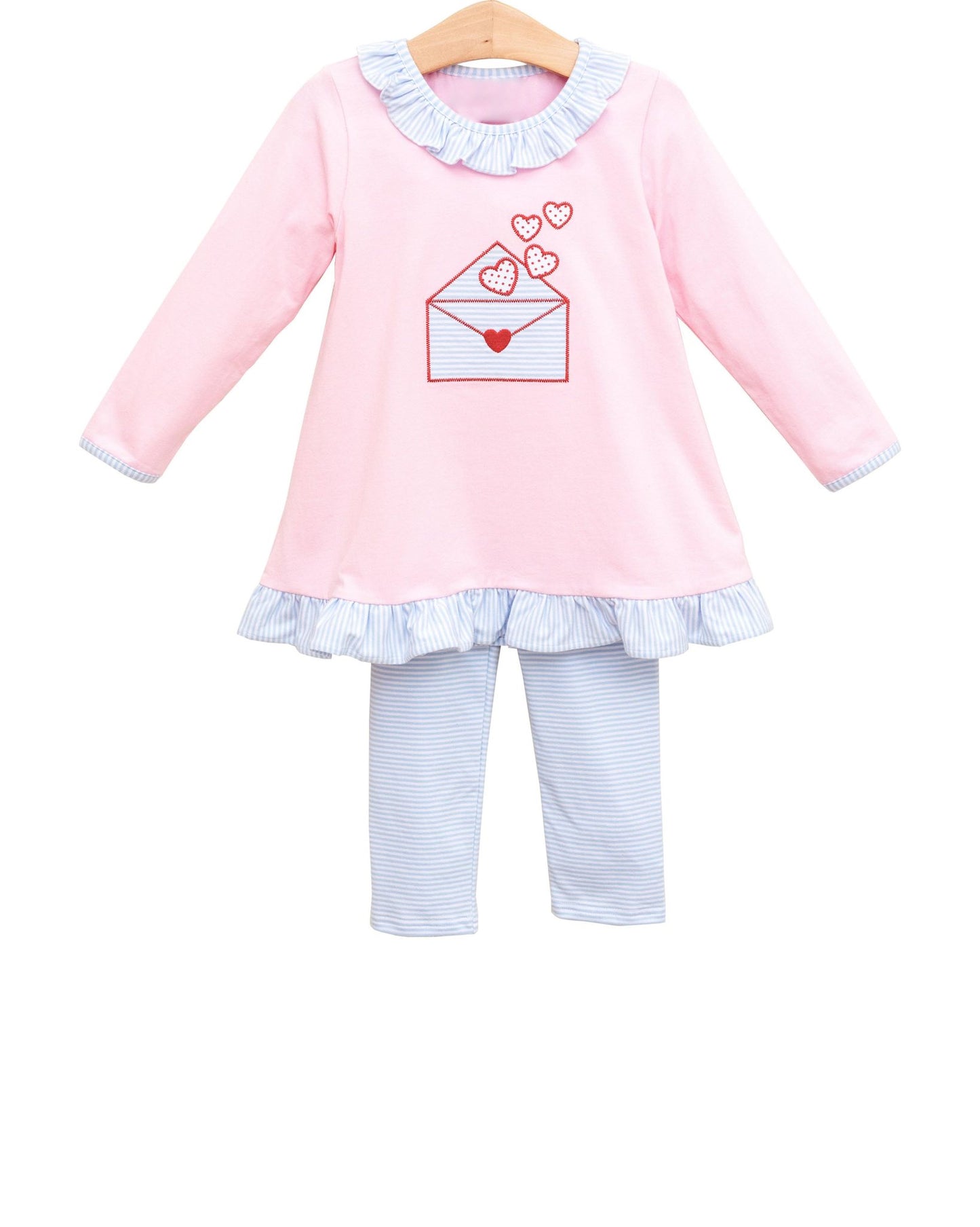 (Pre-order)GLP3260 Letter Pink Tunic Top Blue Stripes Pants Girls Valentine's Day Clothes Set