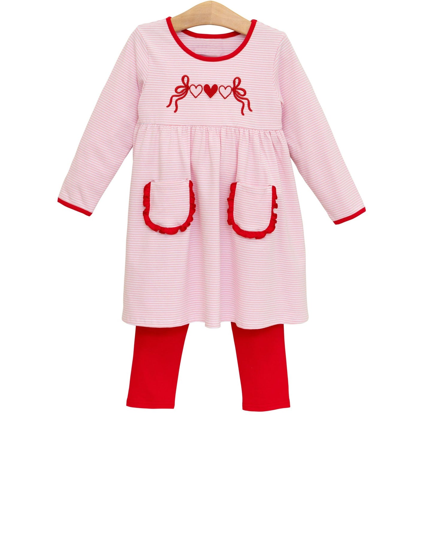 (Pre-order)GLP3261 Hearts Bows Pink Stripes Tunic Top Red Pants Girls Valentine's Day Clothes Set
