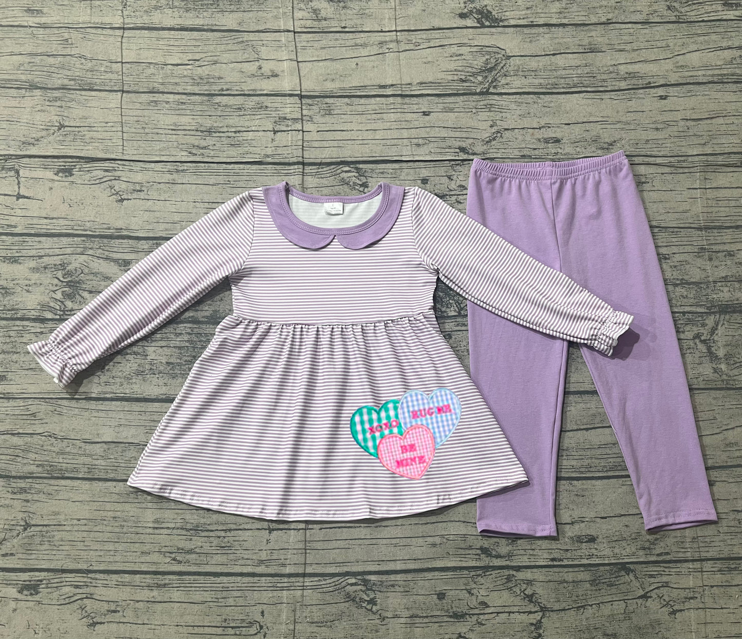(Pre-order)GLP3262 XOXO Hearts Stripes Tunic Top Purple Pants Girls Valentine's Day Clothes Set