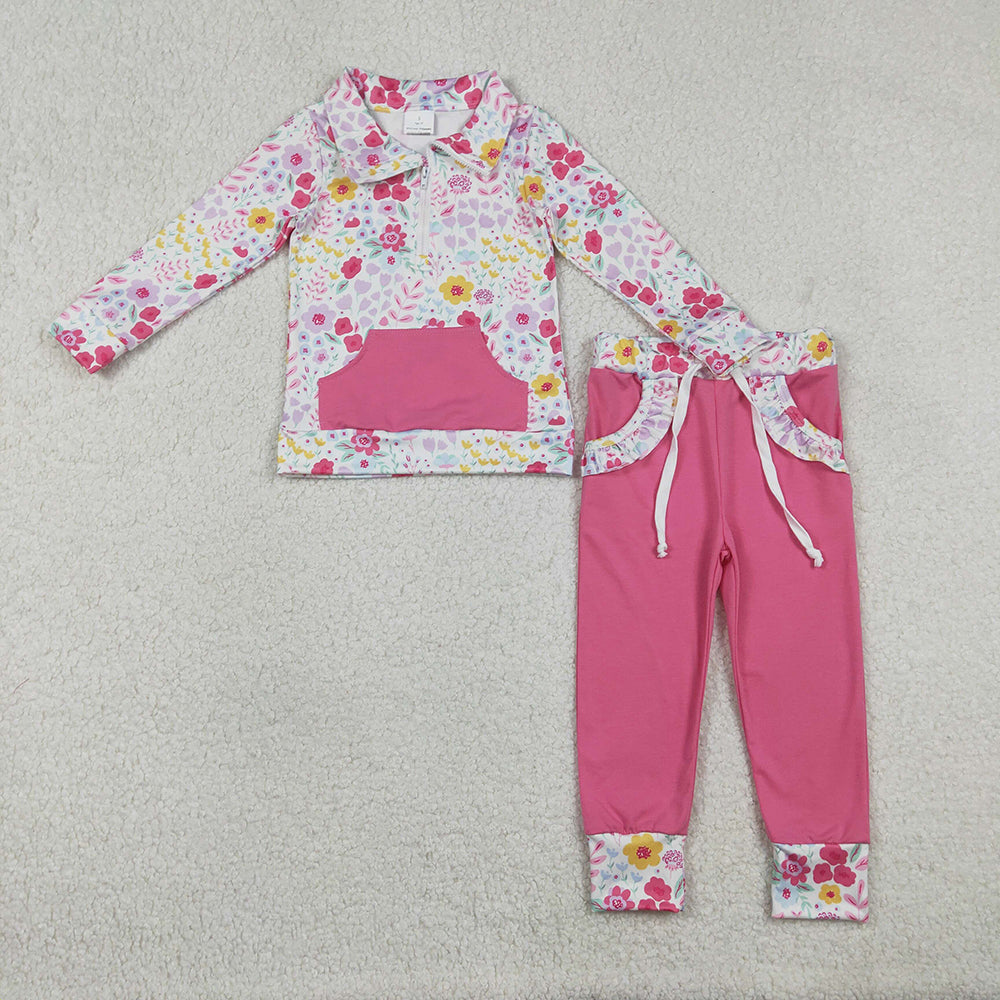 GLP3277 Colorful Flowers Zipper Top Pink Pants Girls Clothes Set