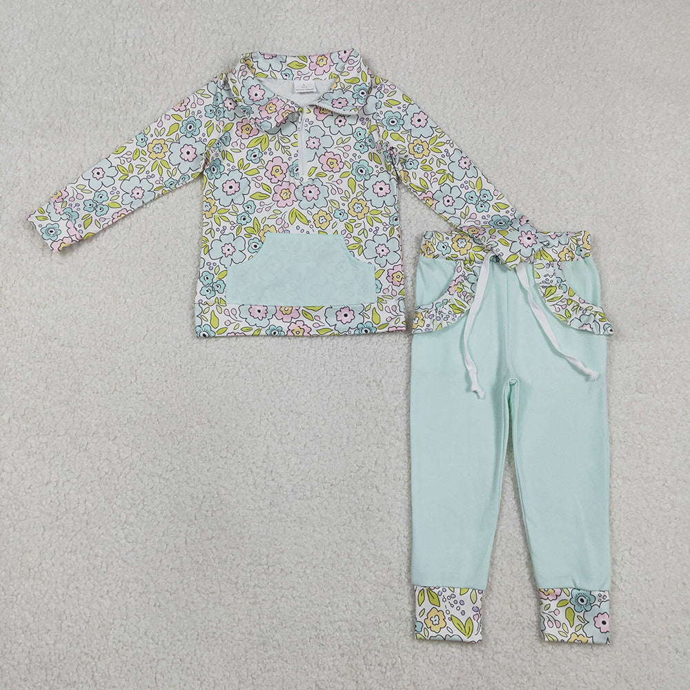 GLP3278 Flowers Pink Blue Zipper Top Pockets Pants Girls Clothes Set