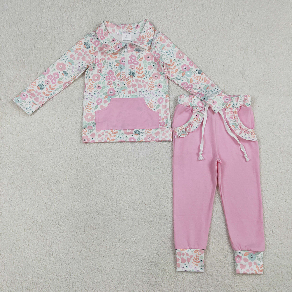 GLP3279 Pink Flowers Zipper Top Pockets Pink Pants Girls Spring Clothes Set