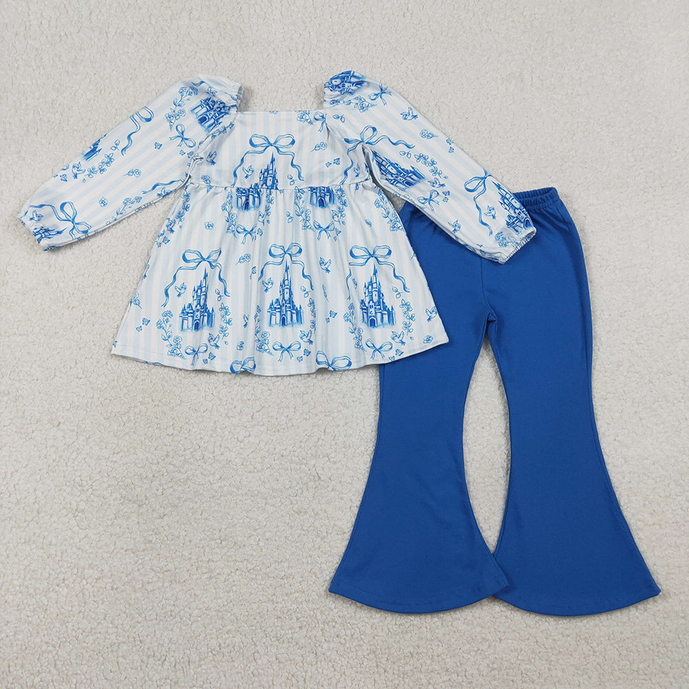 GLP3283 Castle Bows Top Blue Bell Pants Girls Clothes Set